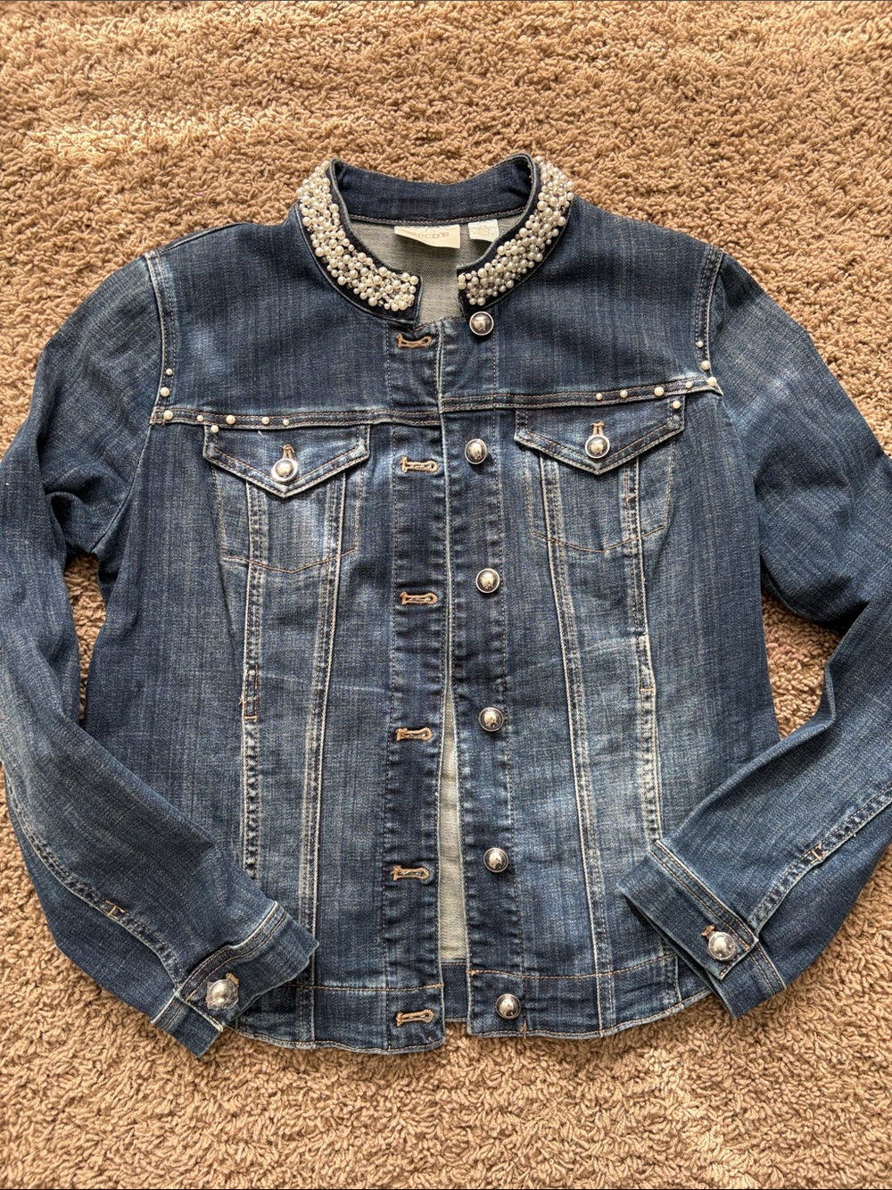 Chico's Dark Blue Denim Jacket with Pearl-Embellished Collar